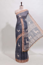 Grey floral & deer design motifs linen cotton saree with contrast border and matching printed blouse