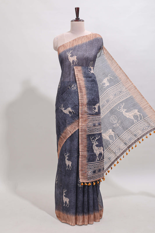 Grey floral & deer design motifs linen cotton saree with contrast border and matching printed blouse