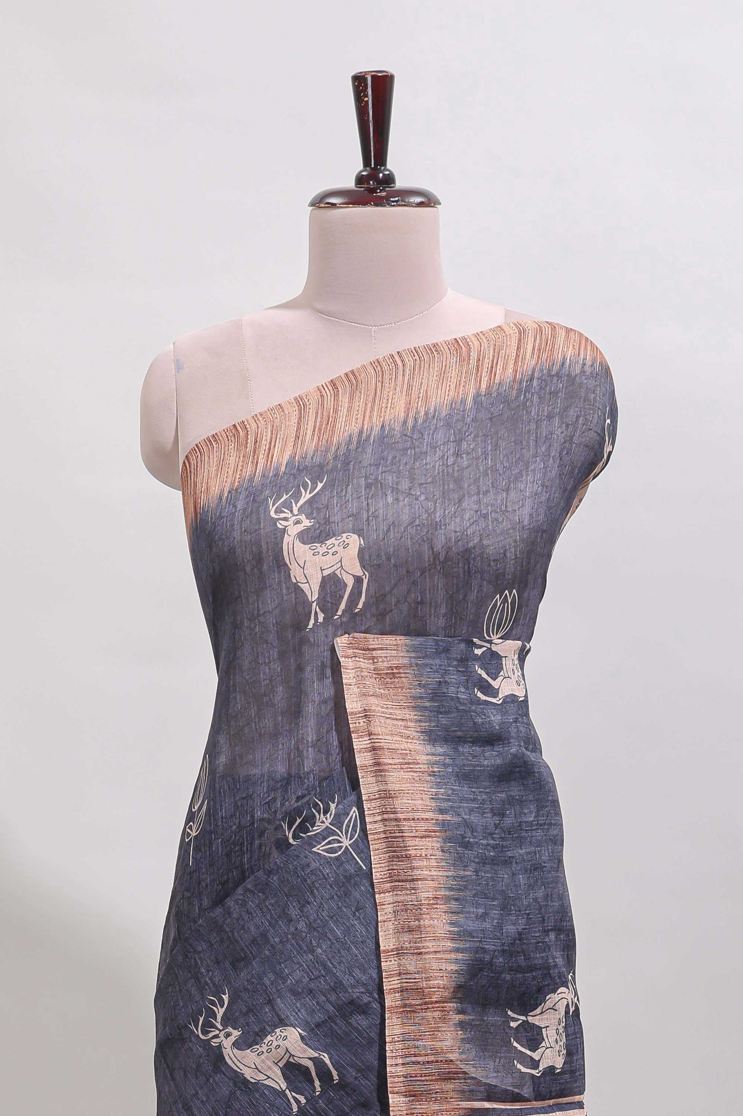 Grey floral & deer design motifs linen cotton saree with contrast border and matching printed blouse
