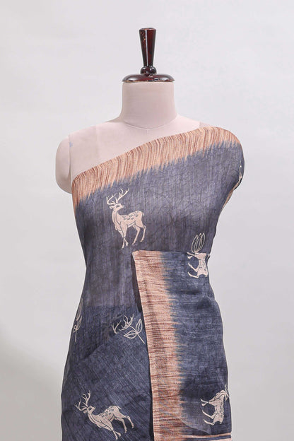 Grey floral & deer design motifs linen cotton saree with contrast border and matching printed blouse
