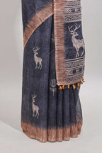 Grey floral & deer design motifs linen cotton saree with contrast border and matching printed blouse