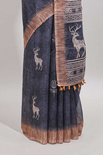 Grey floral & deer design motifs linen cotton saree with contrast border and matching printed blouse