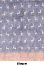Grey floral & deer design motifs linen cotton saree with contrast border and matching printed blouse