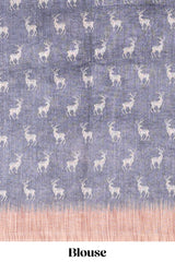 Grey floral & deer design motifs linen cotton saree with contrast border and matching printed blouse