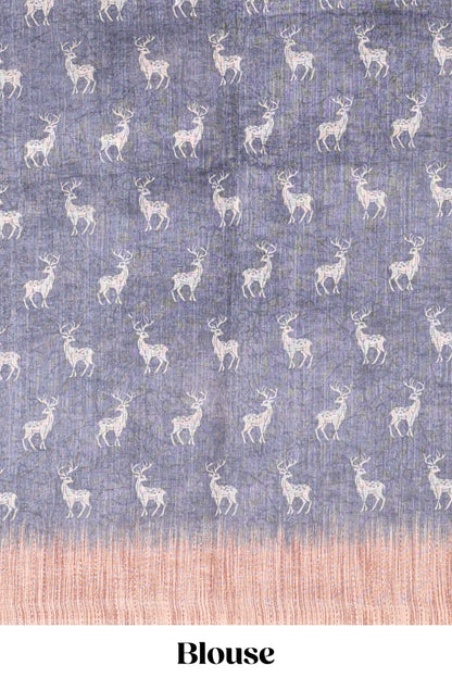 Grey floral & deer design motifs linen cotton saree with contrast border and matching printed blouse
