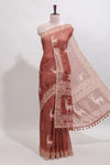 Orange floral & deer design motifs linen cotton saree with contrast border and matching printed blouse