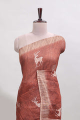 Orange floral & deer design motifs linen cotton saree with contrast border and matching printed blouse
