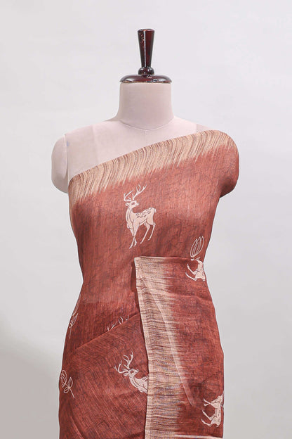 Orange floral & deer design motifs linen cotton saree with contrast border and matching printed blouse