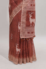 Orange floral & deer design motifs linen cotton saree with contrast border and matching printed blouse