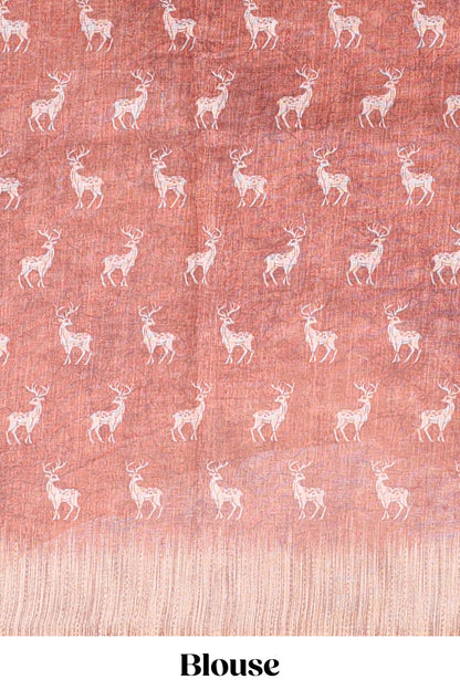 Orange floral & deer design motifs linen cotton saree with contrast border and matching printed blouse