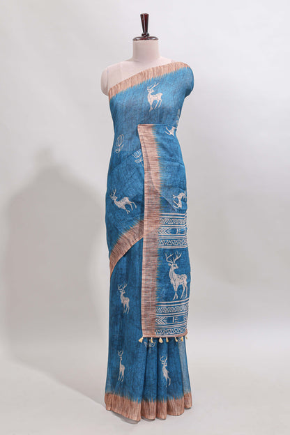 Blue floral & deer design motifs linen cotton saree with contrast border and matching printed blouse