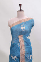Blue floral & deer design motifs linen cotton saree with contrast border and matching printed blouse