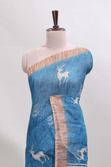 Blue floral & deer design motifs linen cotton saree with contrast border and matching printed blouse