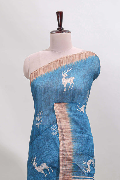 Blue floral & deer design motifs linen cotton saree with contrast border and matching printed blouse