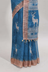 Blue floral & deer design motifs linen cotton saree with contrast border and matching printed blouse