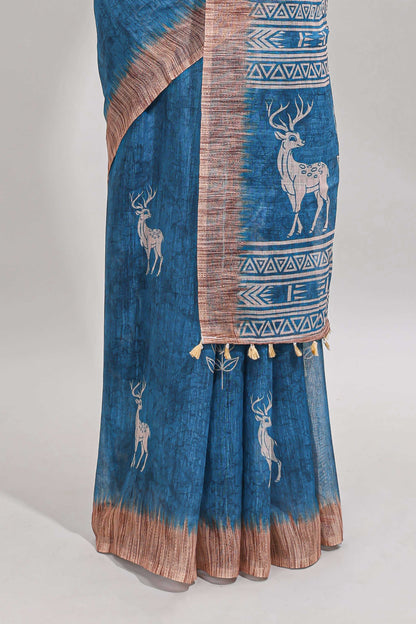 Blue floral & deer design motifs linen cotton saree with contrast border and matching printed blouse