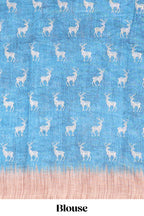Blue floral & deer design motifs linen cotton saree with contrast border and matching printed blouse