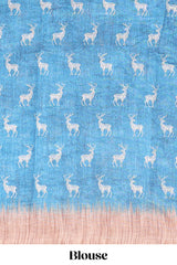 Blue floral & deer design motifs linen cotton saree with contrast border and matching printed blouse