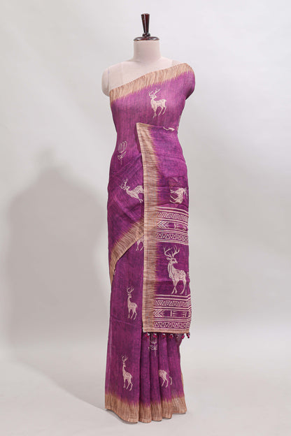 Pink floral & deer design motifs linen cotton saree with contrast border and matching printed blouse