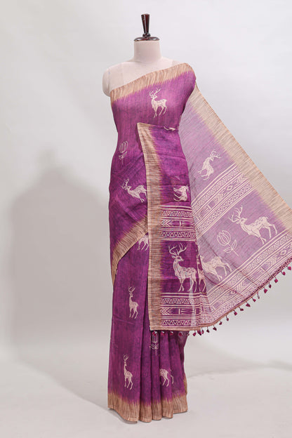 Pink floral & deer design motifs linen cotton saree with contrast border and matching printed blouse