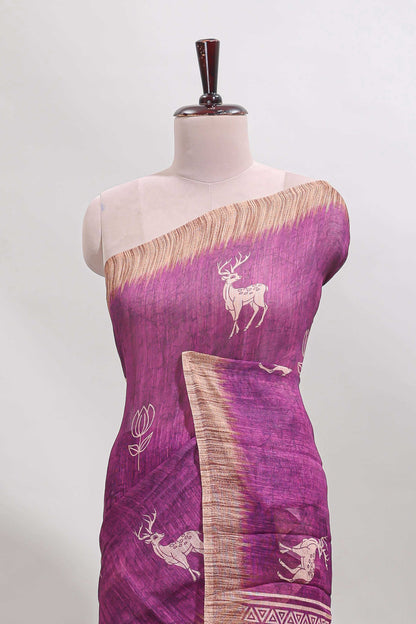 Pink floral & deer design motifs linen cotton saree with contrast border and matching printed blouse