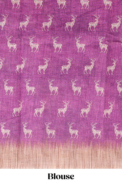 Pink floral & deer design motifs linen cotton saree with contrast border and matching printed blouse