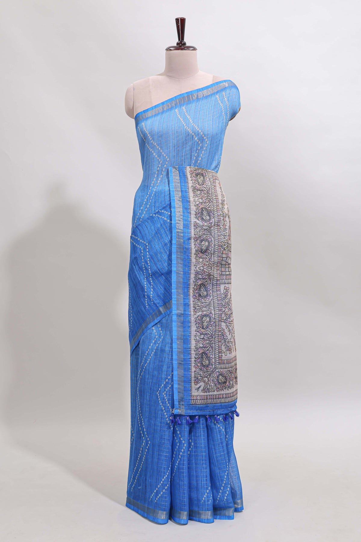 Blue checked geometric design butta linen cotton saree with self zari border and contrast blouse
