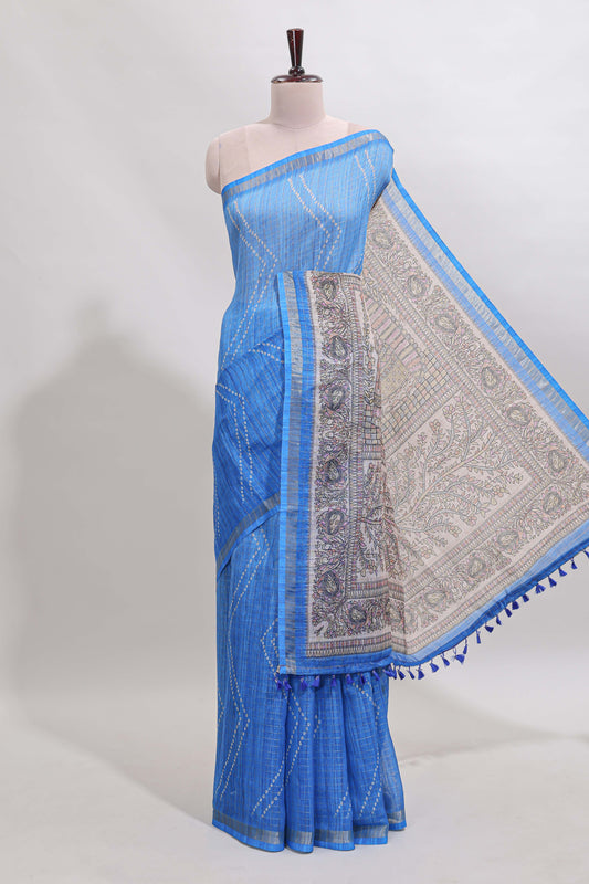 Blue checked geometric design butta linen cotton saree with self zari border and contrast blouse