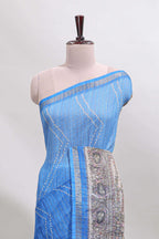 Blue checked geometric design butta linen cotton saree with self zari border and contrast blouse