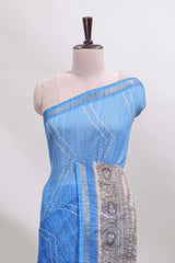 Blue checked geometric design butta linen cotton saree with self zari border and contrast blouse