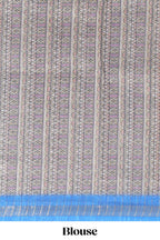 Blue checked geometric design butta linen cotton saree with self zari border and contrast blouse