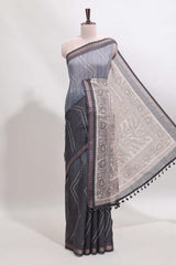 Grey checked geometric design butta linen cotton saree with self zari border and contrast blouse