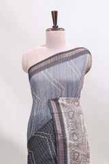 Grey checked geometric design butta linen cotton saree with self zari border and contrast blouse