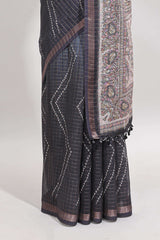 Grey checked geometric design butta linen cotton saree with self zari border and contrast blouse