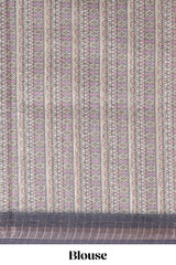 Grey checked geometric design butta linen cotton saree with self zari border and contrast blouse