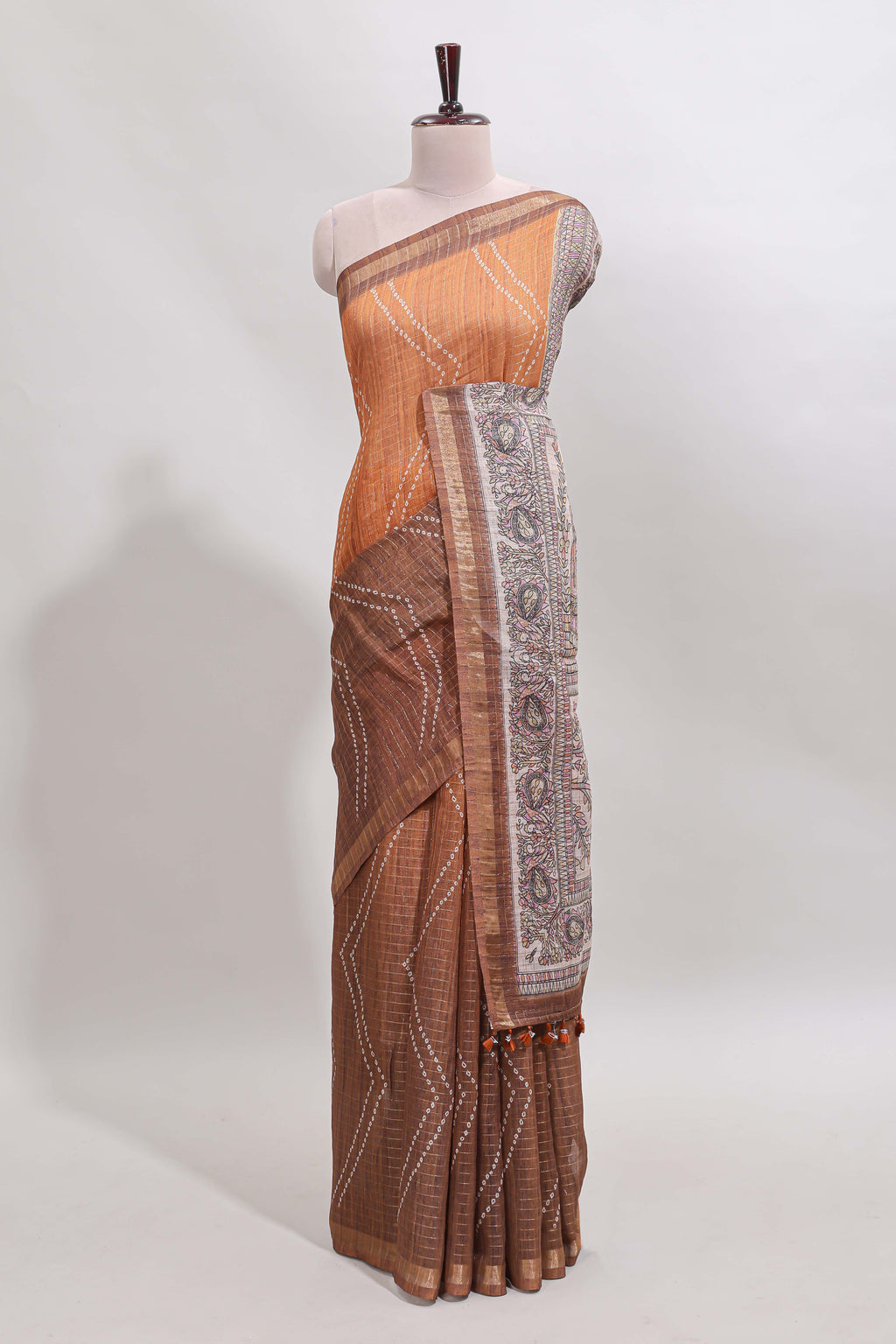 Brown checked geometric design butta linen cotton saree with self zari border and contrast blouse