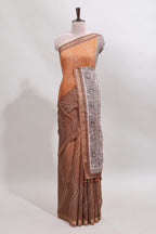 Brown checked geometric design butta linen cotton saree with self zari border and contrast blouse