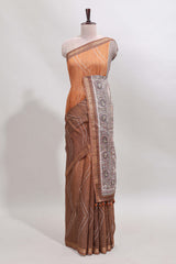 Brown checked geometric design butta linen cotton saree with self zari border and contrast blouse