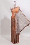 Brown checked geometric design butta linen cotton saree with self zari border and contrast blouse