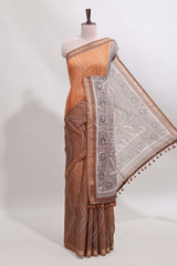 Brown checked geometric design butta linen cotton saree with self zari border and contrast blouse