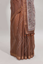 Brown checked geometric design butta linen cotton saree with self zari border and contrast blouse