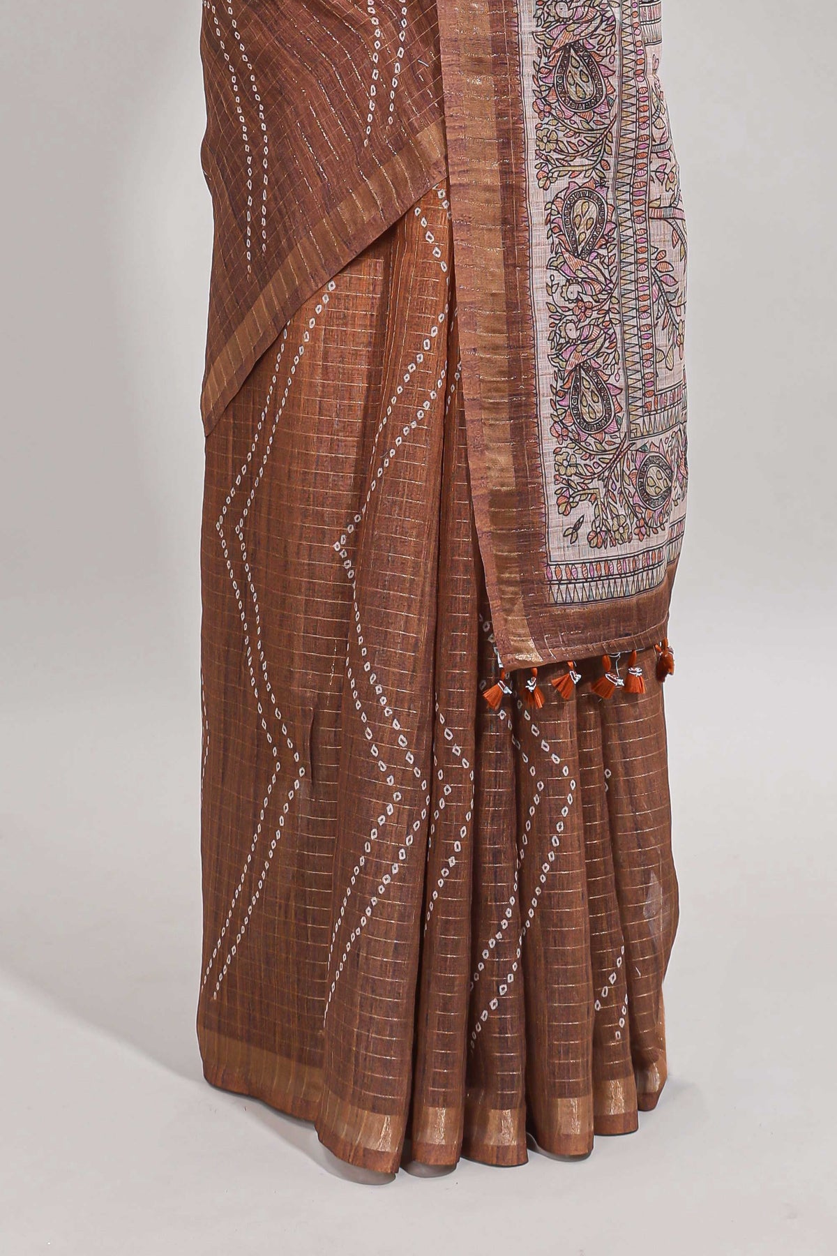Brown checked geometric design butta linen cotton saree with self zari border and contrast blouse