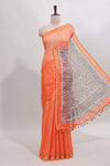 Orange checked geometric design butta linen cotton saree with self zari border and contrast blouse
