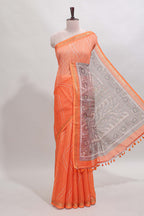 Orange checked geometric design butta linen cotton saree with self zari border and contrast blouse