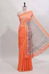 Orange checked geometric design butta linen cotton saree with self zari border and contrast blouse