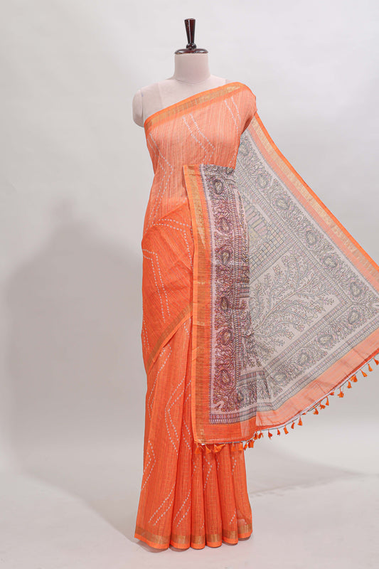 Orange checked geometric design butta linen cotton saree with self zari border and contrast blouse