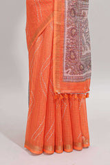 Orange checked geometric design butta linen cotton saree with self zari border and contrast blouse