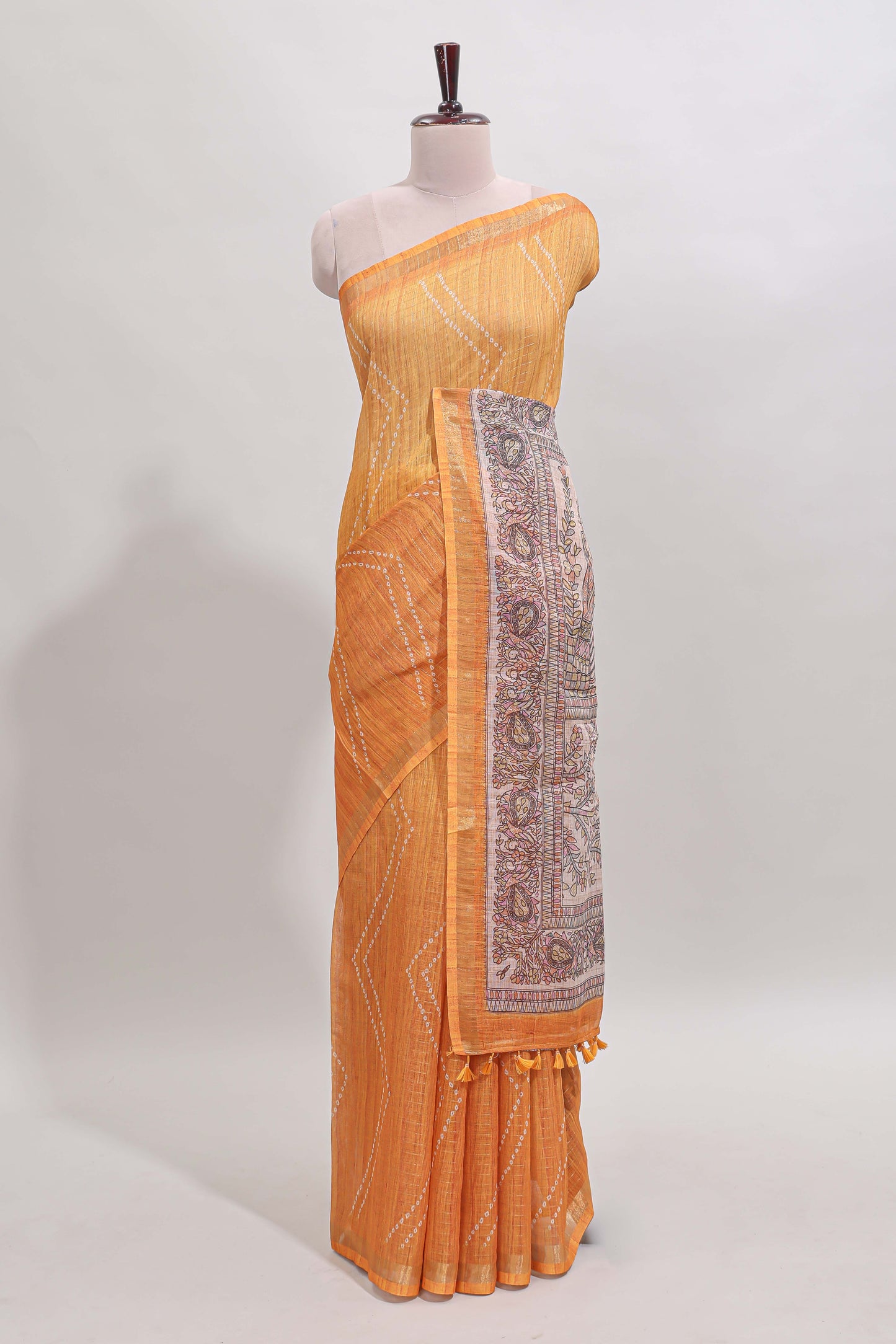 Mustard checked geometric design butta linen cotton saree with self zari border and contrast blouse