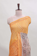 Mustard checked geometric design butta linen cotton saree with self zari border and contrast blouse