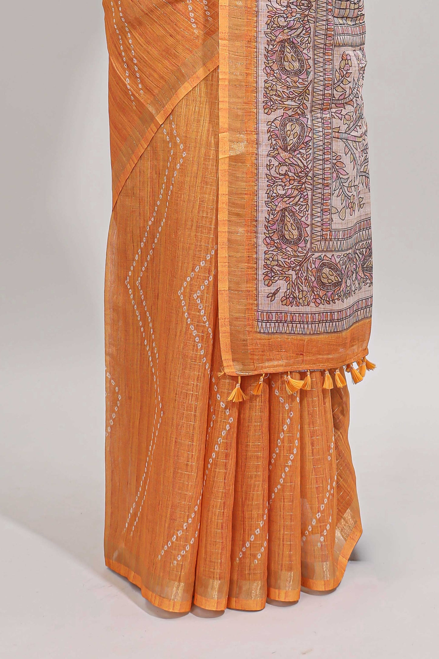 Mustard checked geometric design butta linen cotton saree with self zari border and contrast blouse